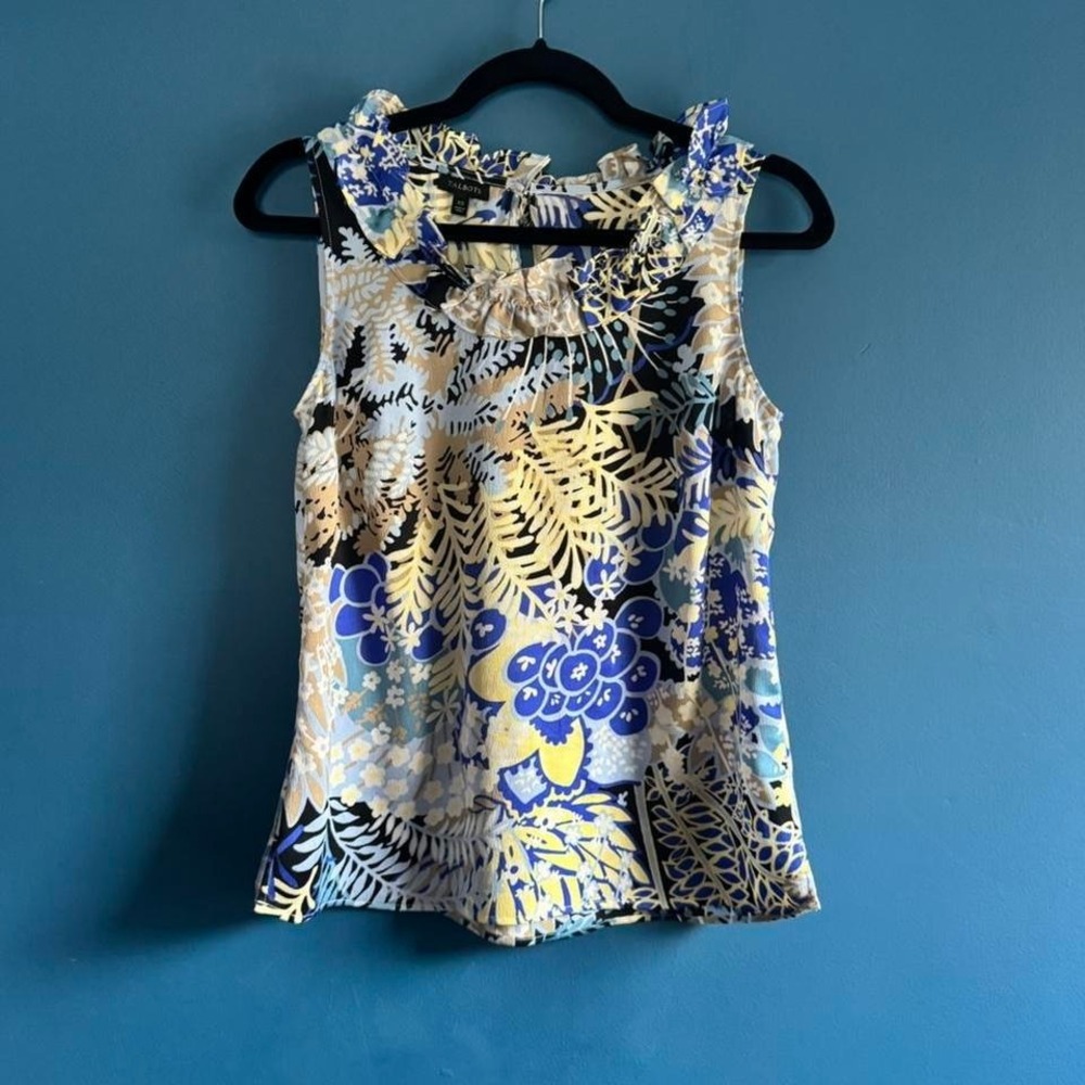 Talbots Ruffle Neck Blouse Women's Size‎ XS Floral Blue Yellow Sleeveless Work